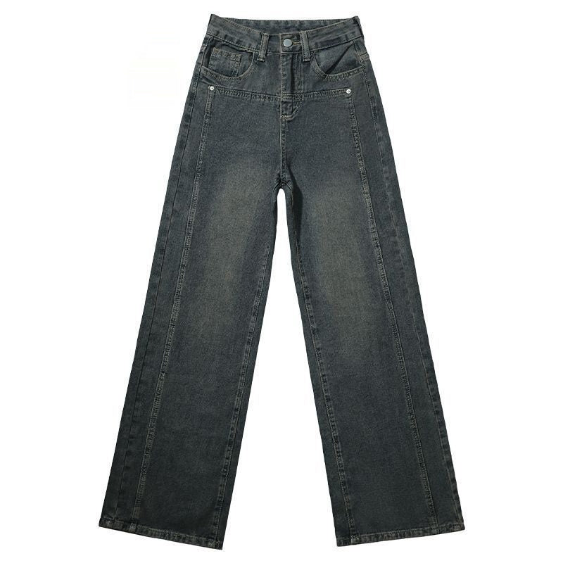 Cement-gray Womens High-waisted Loose-fit Slimming Narrow Straight-leg Floor-length Wide-leg Denim Jeans