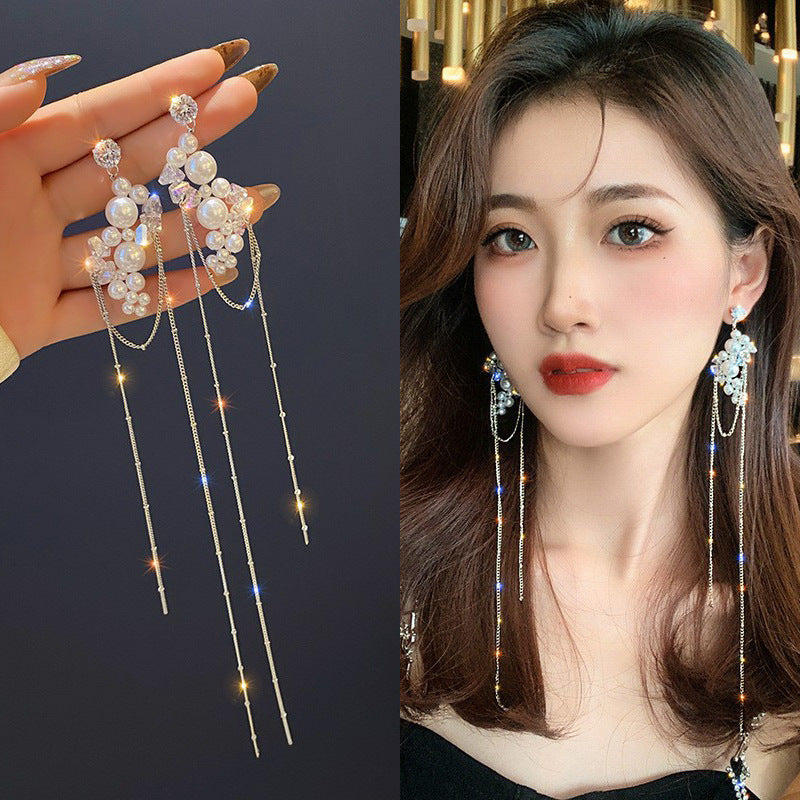 Sterling Silver Needle Light Luxury Tassel Earrings Banquet Style High-grade Long Earrings