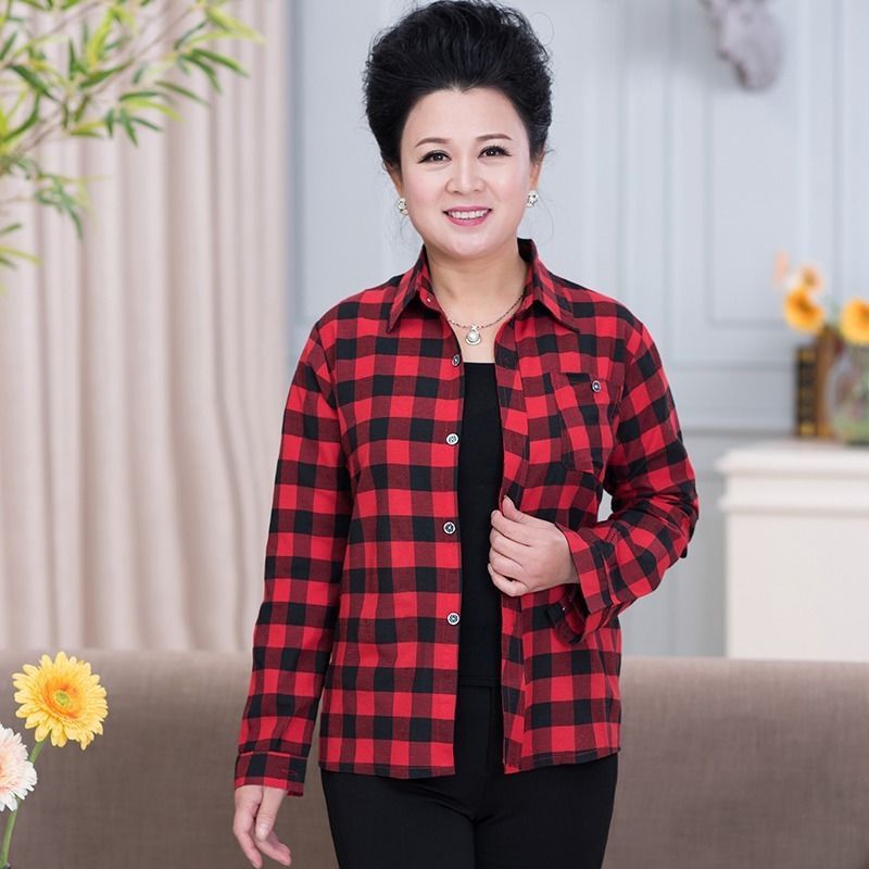 Middle-aged And Elderly Women's Loose Long-sleeved Slim-fit Plaid Shirt
