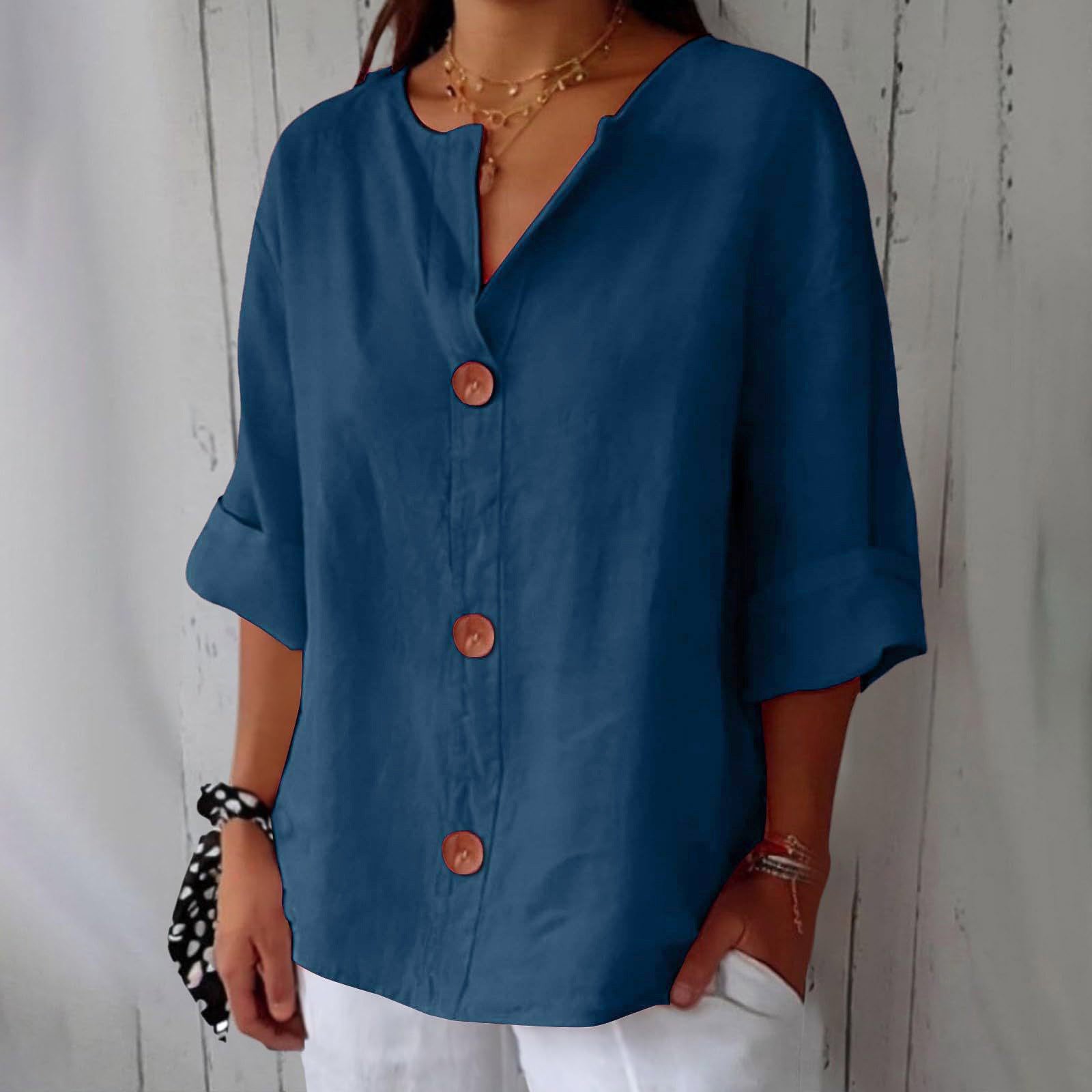 Women's V-neck cotton and linen buttoned blouse