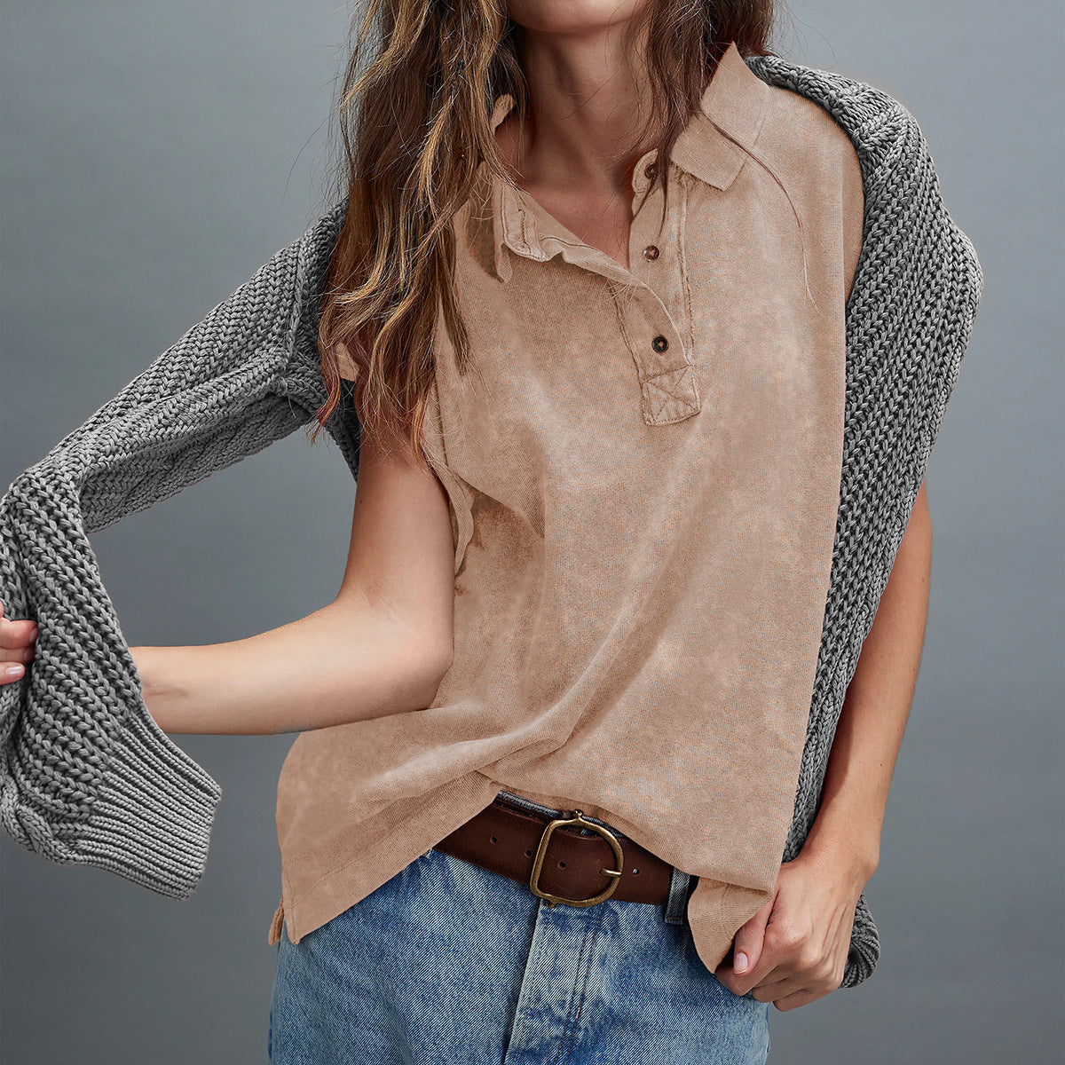 Turn-down Collar Drop-shoulder Loose-fit Casual Top