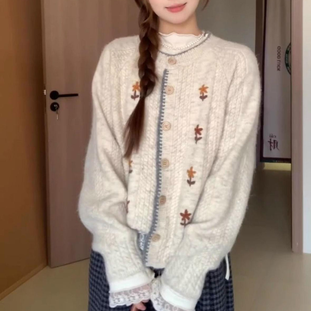 Japanese Style Soft Glutinous High-grade Round Neck Flower Knitted Cardigan Sweater Coat For Women