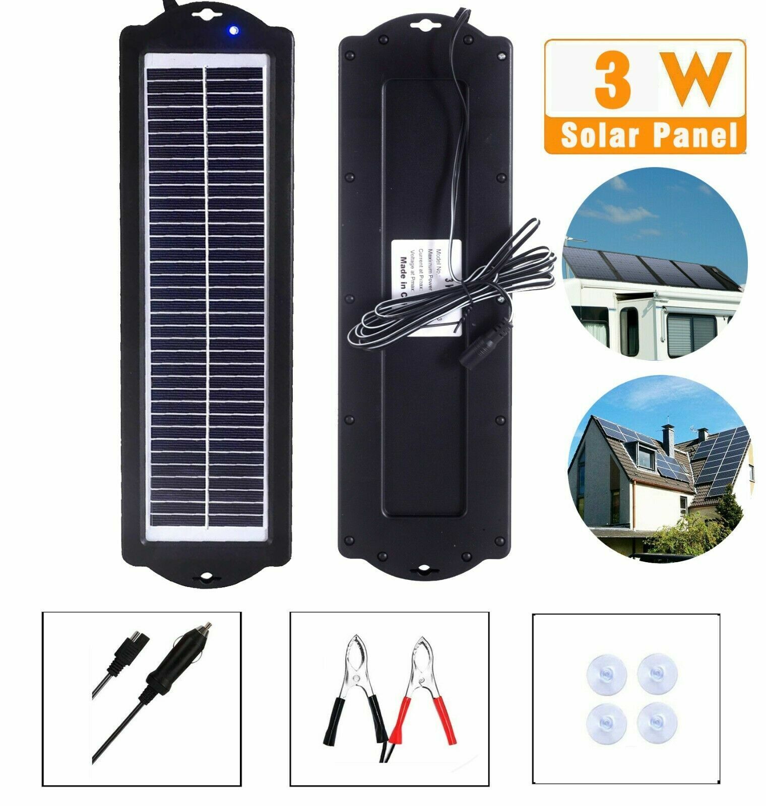 12V 3W Watt Solar Panel Kit Home Trickle Charger Battery Maintainer Caravan Boat