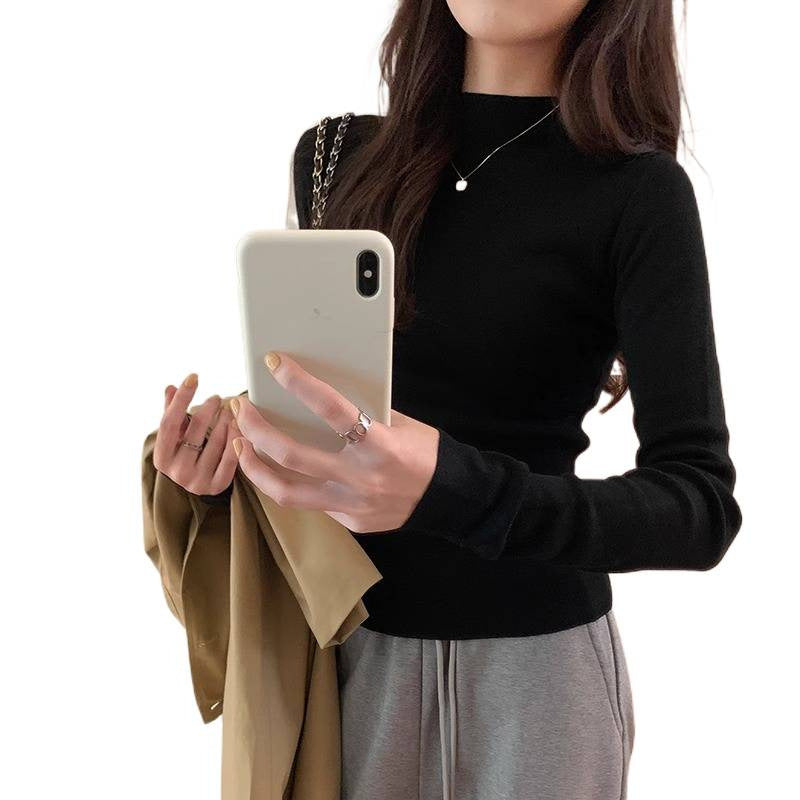 White Stand Collar Half Turtleneck Long-sleeve Knitted Undershirt