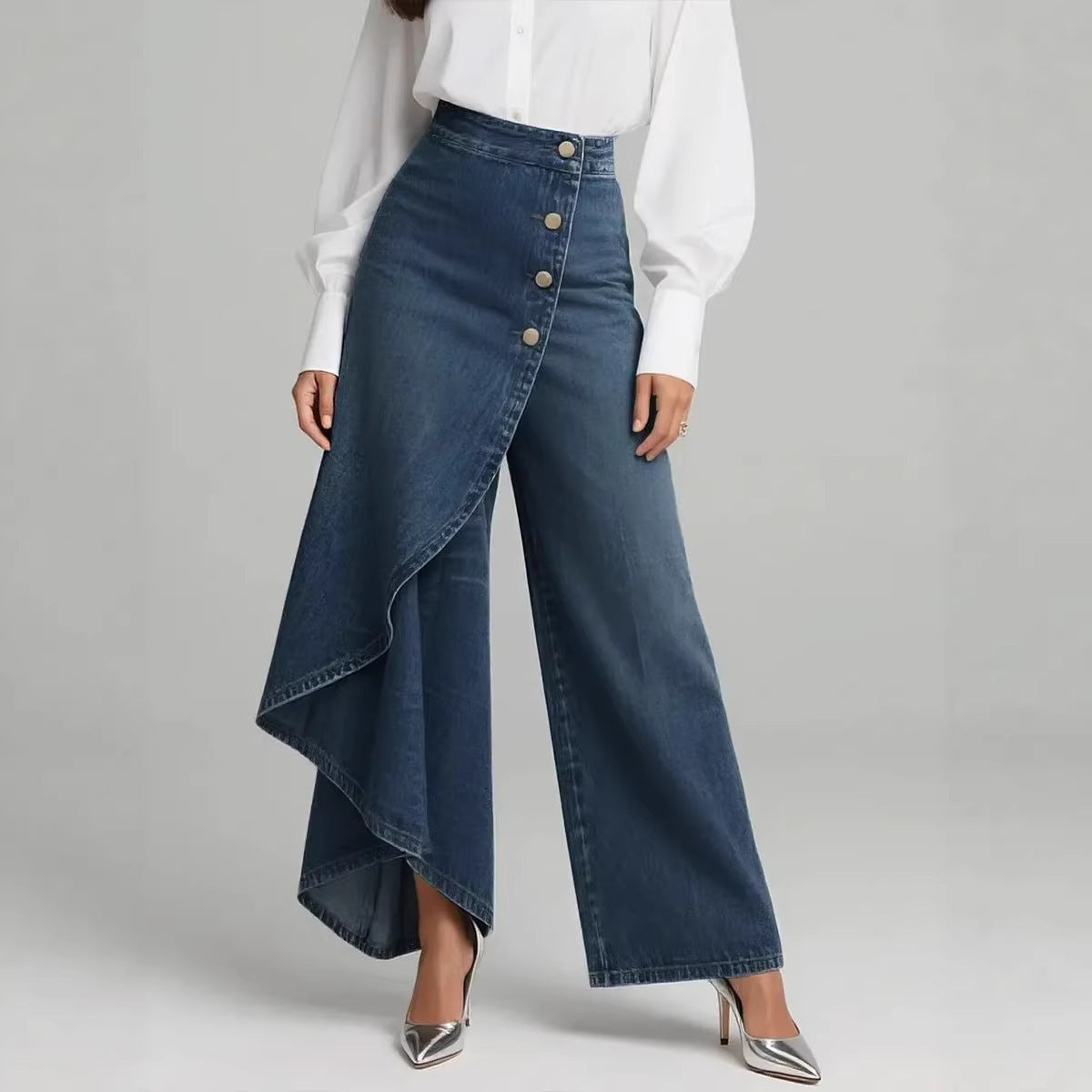 Womens Solid-Color Casual Denim-Style Printed Pants