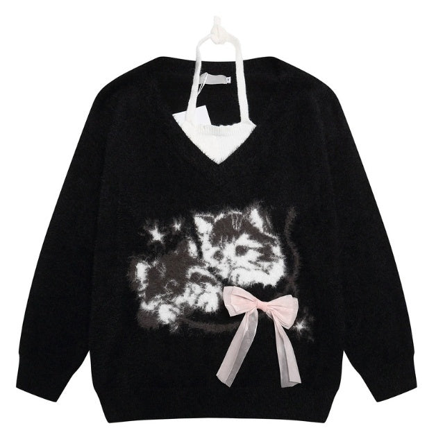 Polyester Women's Cute Cat Hair Fake Two Pieces Collar Sweater