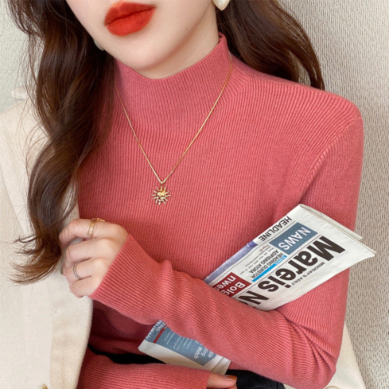 White Stand Collar Half Turtleneck Long-sleeve Knitted Undershirt