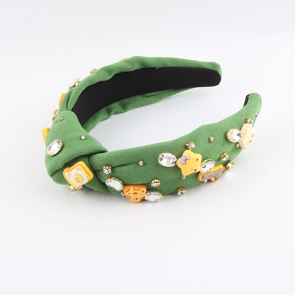 New Fashion European And American Style Green Fabric Knotted Diamond-laid Headband