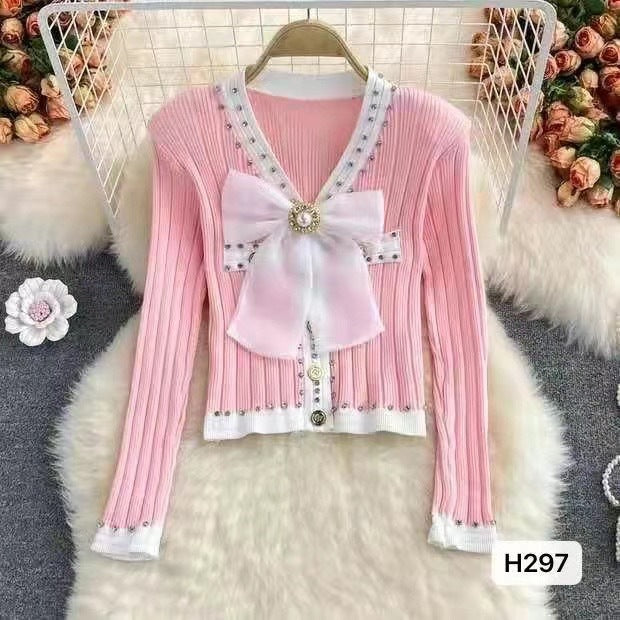 Fashion V-neck Bow Knitted Coat Women's Top