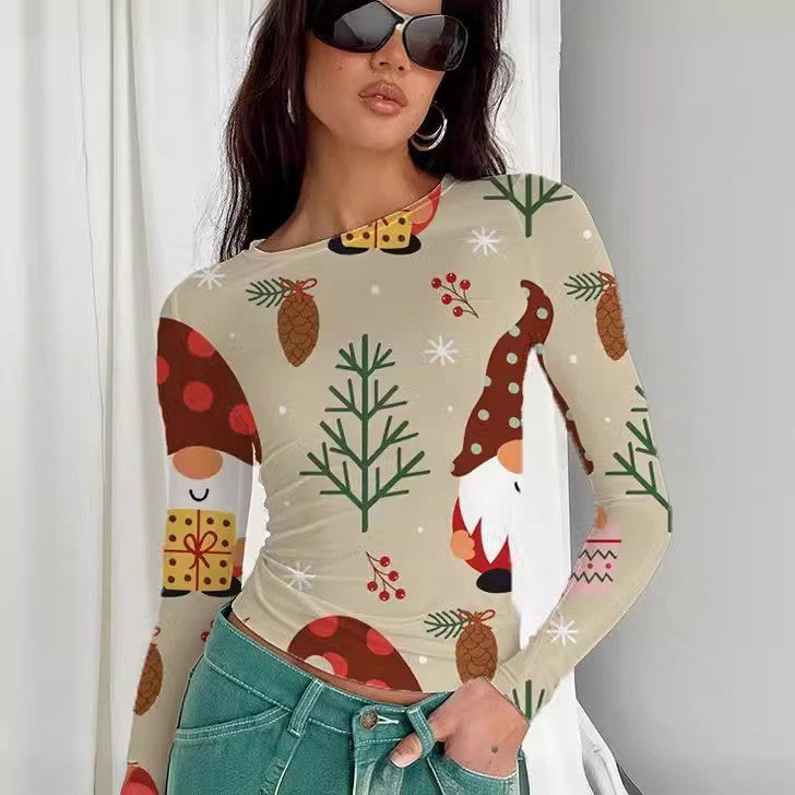 Round Neck Long Sleeve Loose Print T-shirt