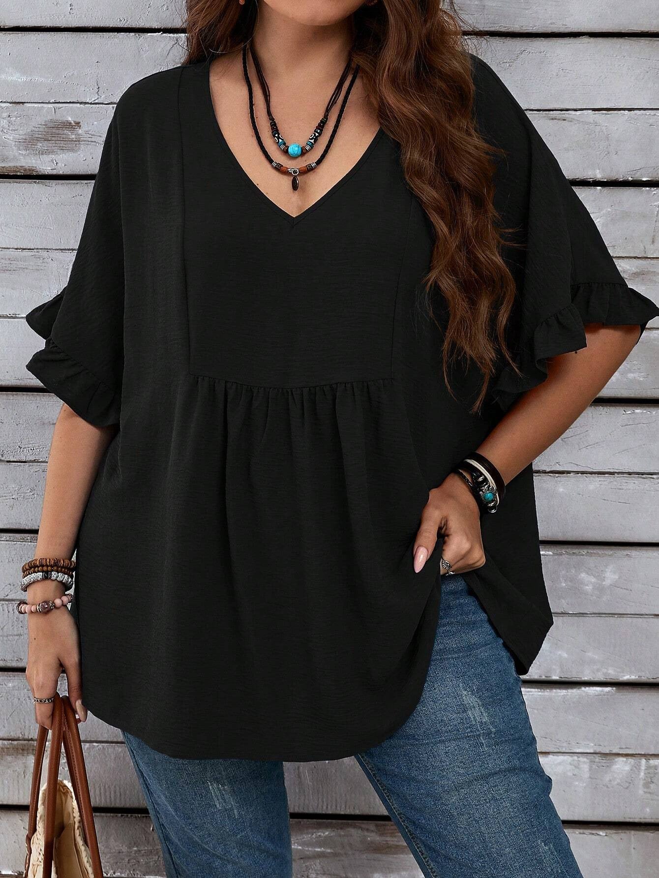 Solid-color Loose Ruffled High-waist Three-quarter-sleeve Top