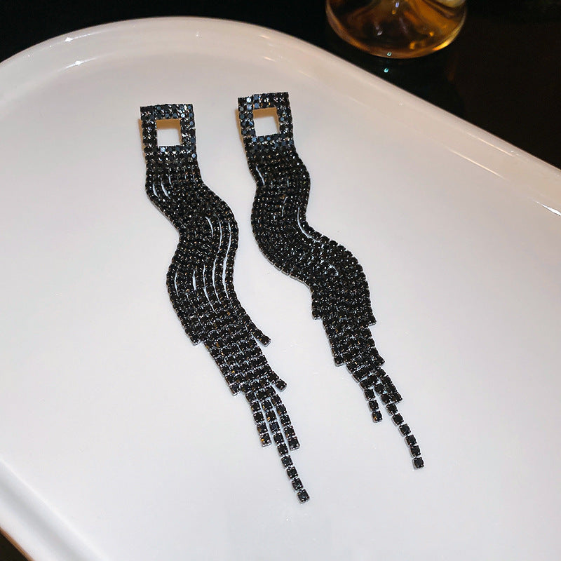 Silver Needle Black Rhimestone Flower Geometric Tassel Stud Earrings
