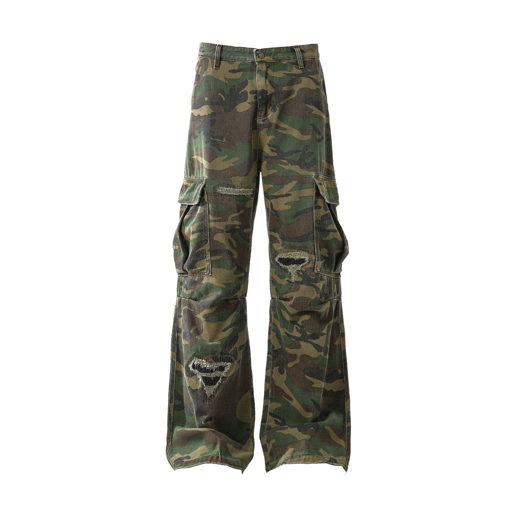 Retro Tattered Jeans Personalized Camouflage Workwear Casual Pants
