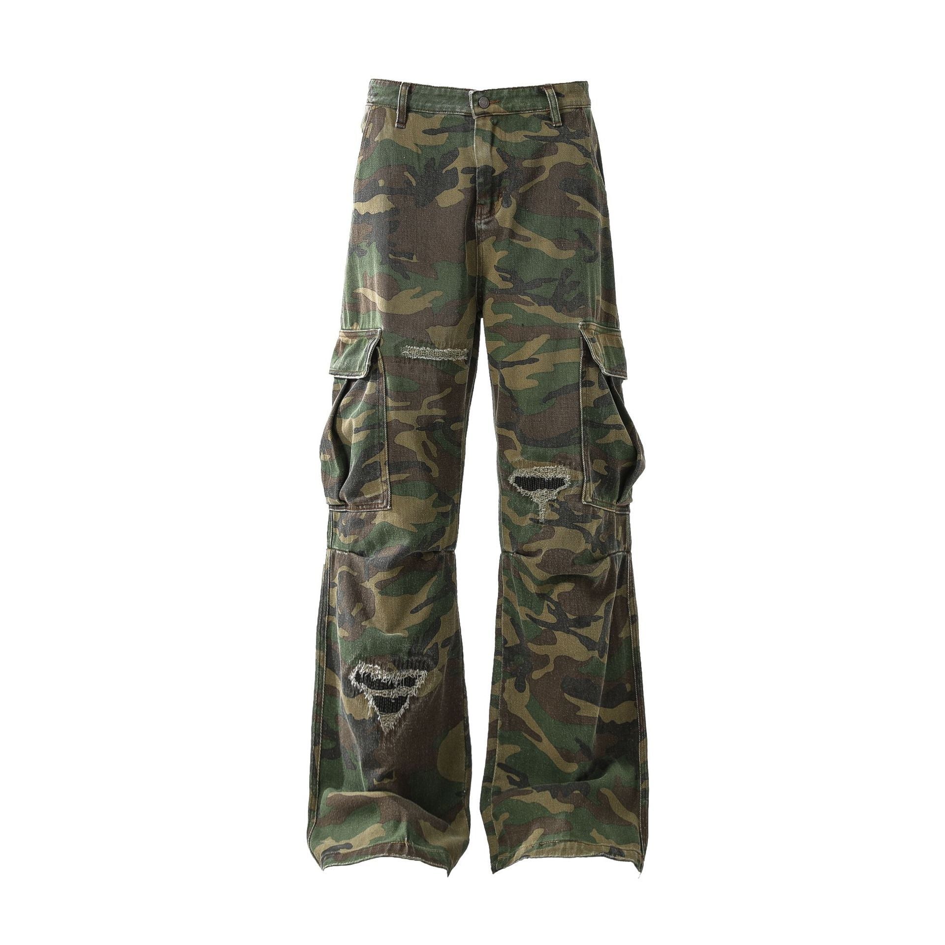 Retro Tattered Jeans Personalized Camouflage Workwear Casual Pants