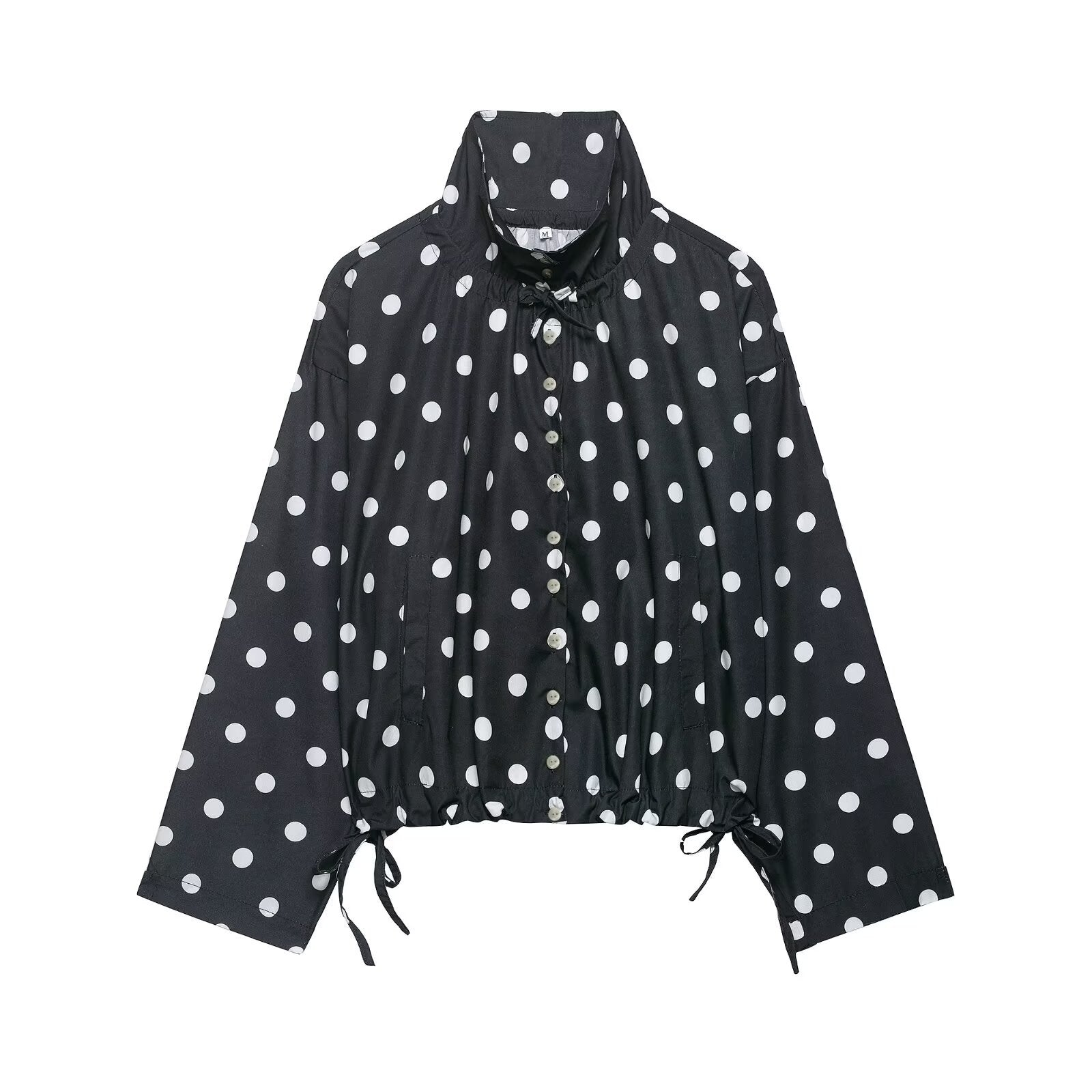 Single-breasted Stand Collar Bow-Tied Polka Dot Coat For Women