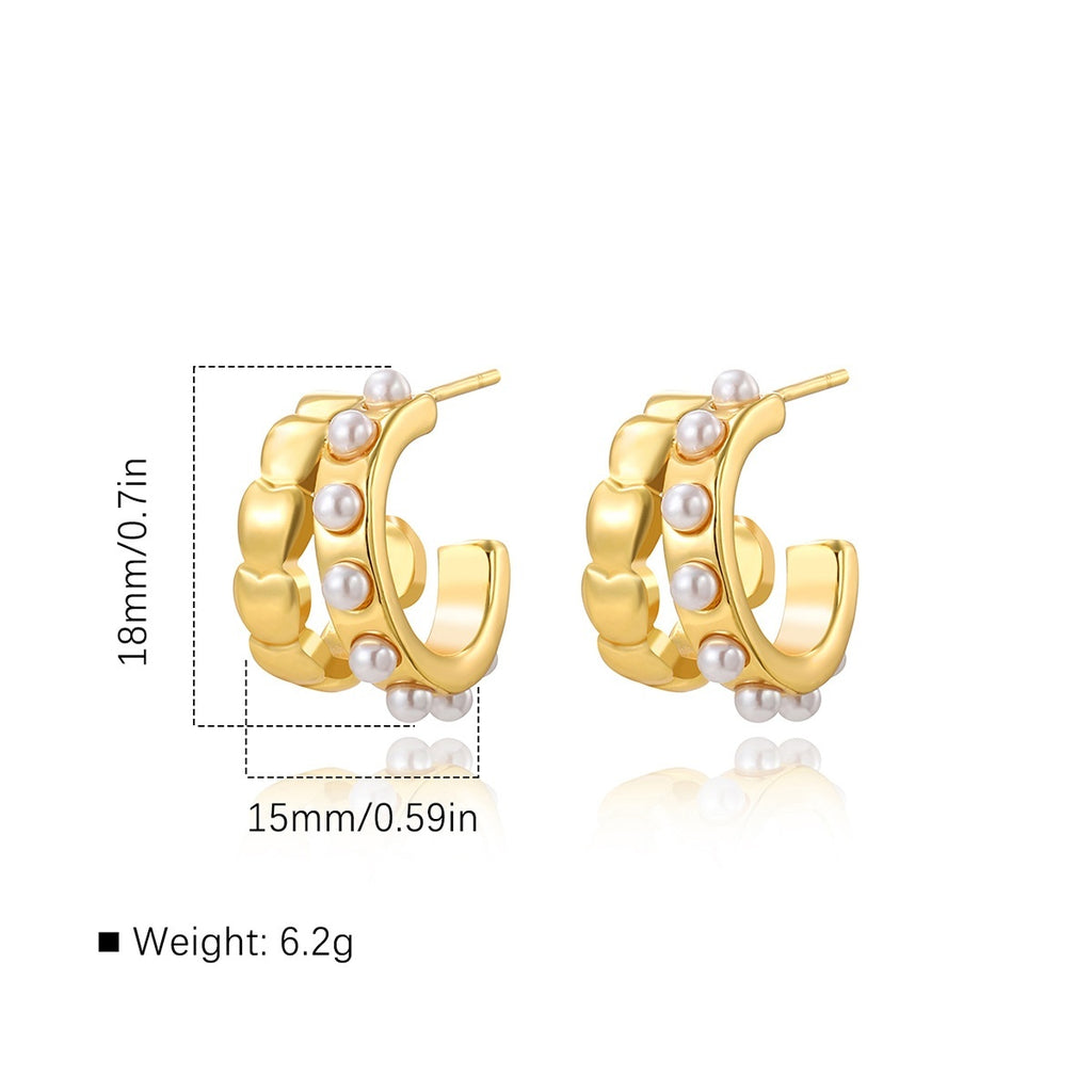 European And American Stainless Steel Retro Double C- Shaped Earrings Imitation Pearl Love