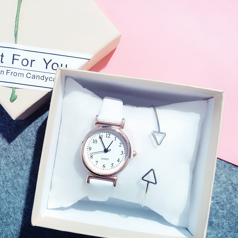 Simple small dial belt quartz watch + triangle bracelet