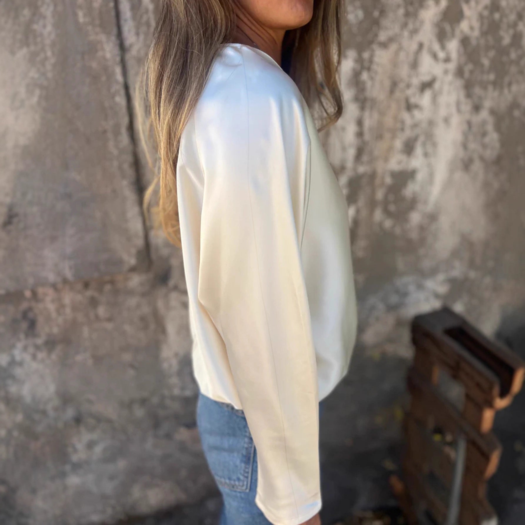 V-neck Loose-fit Long-sleeve Satin Shirt