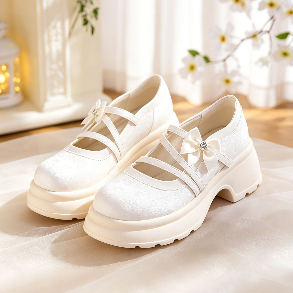 Sweet Bow Platform Mary Jane Shoes, Ivory Chunky Sole Pumps For Daily Wear