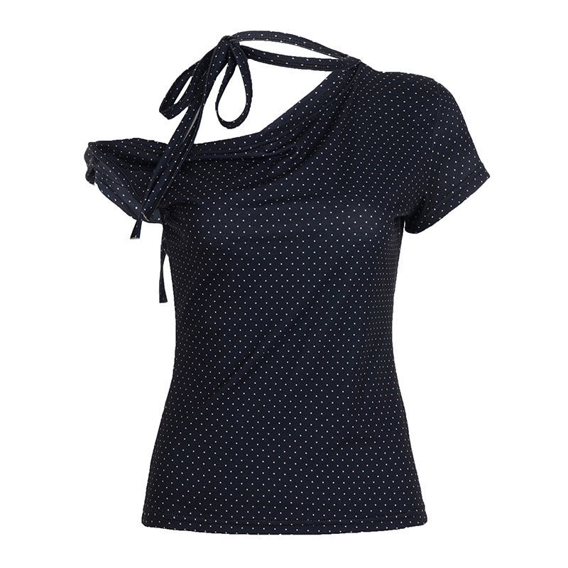 Knotted Slim Fit Backless Halter Short Sleeve Top