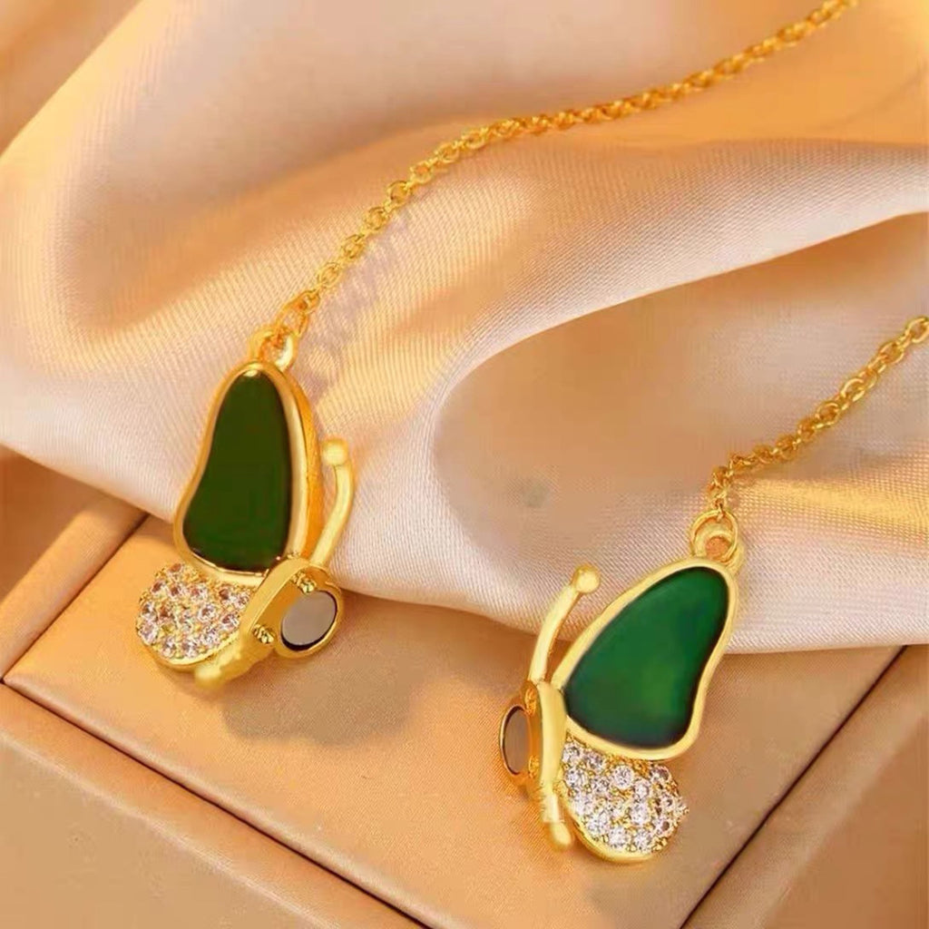 Gold Dripping Oil Variable Temperature Magnetic Butterfly Necklace Women's Zircon Exquisite Clavicle Chain