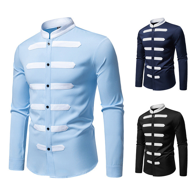 Black And White Stitching Design Men's Versatile Casual Long Sleeve Shirt