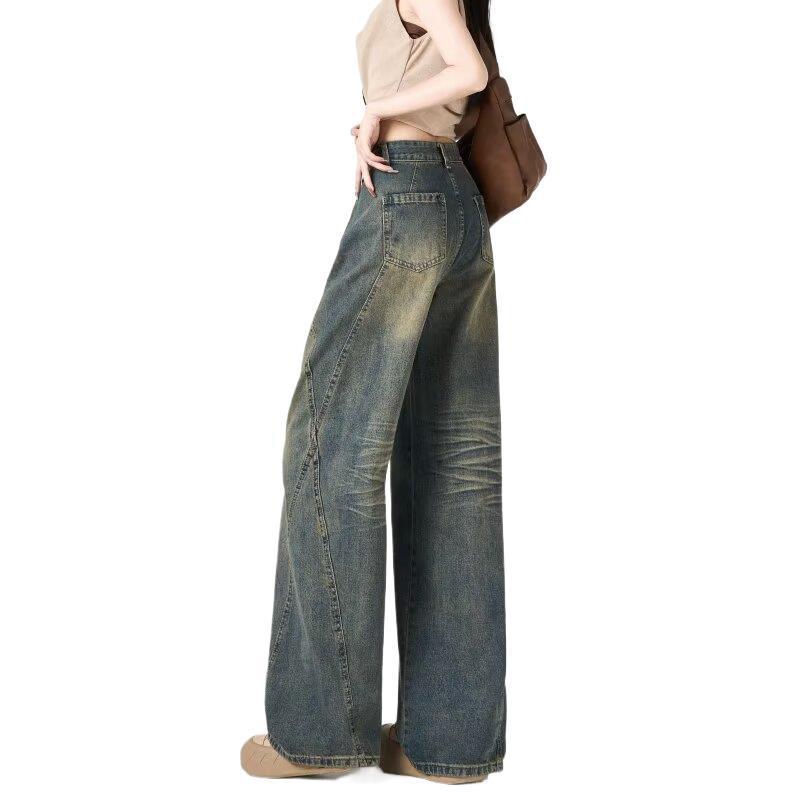 Womens American-style High-street Design Wide-leg Denim Jeans