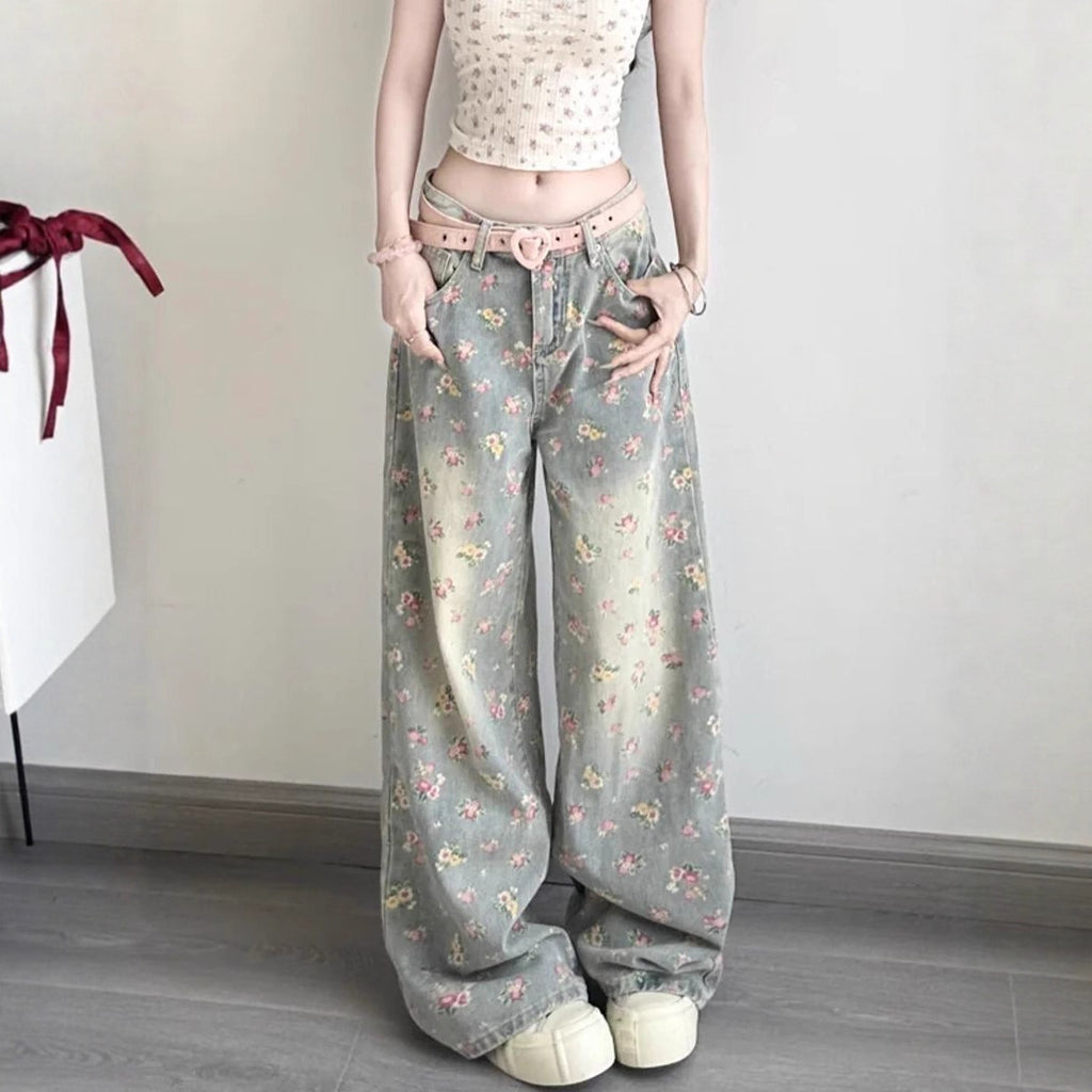 Womens Retro Floral High-Waist Wide-Leg Denim Jeans