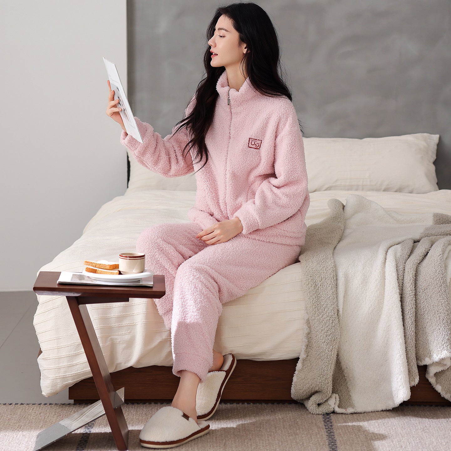 Long Sleeve Half Velvet Warm Padded Zipper Couple Pajamas