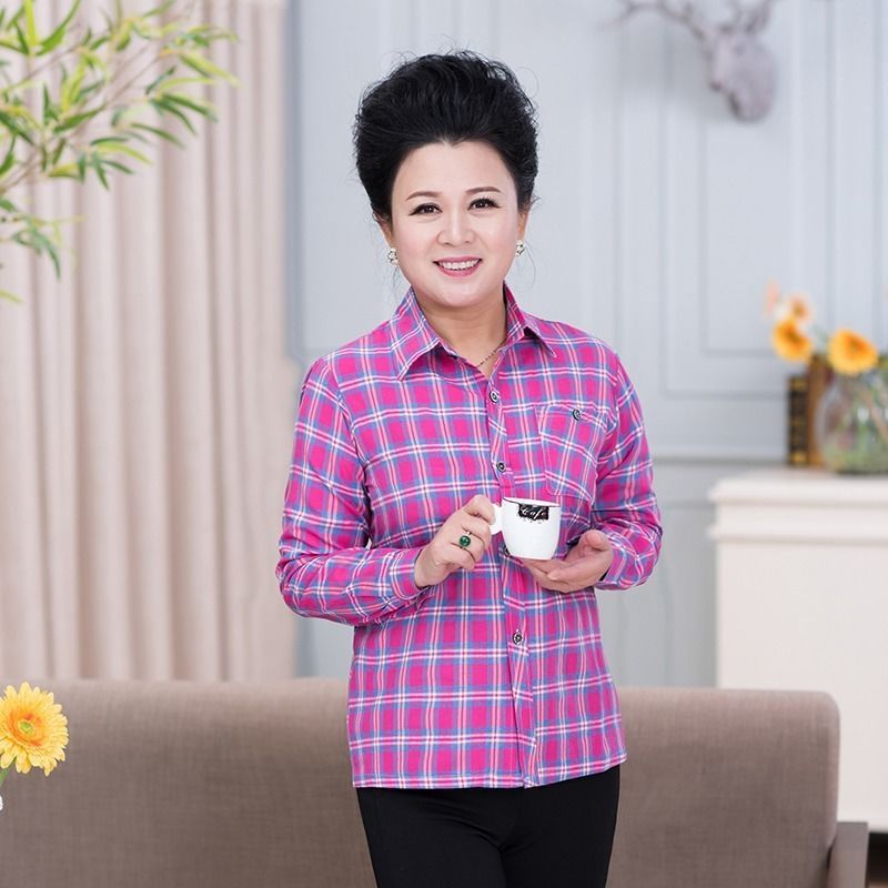 Middle-aged And Elderly Women's Loose Long-sleeved Slim-fit Plaid Shirt
