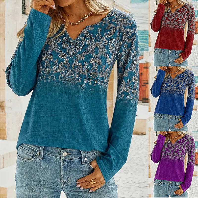 Fashionable Casual V-Neck Ethnic-Style Long Sleeve