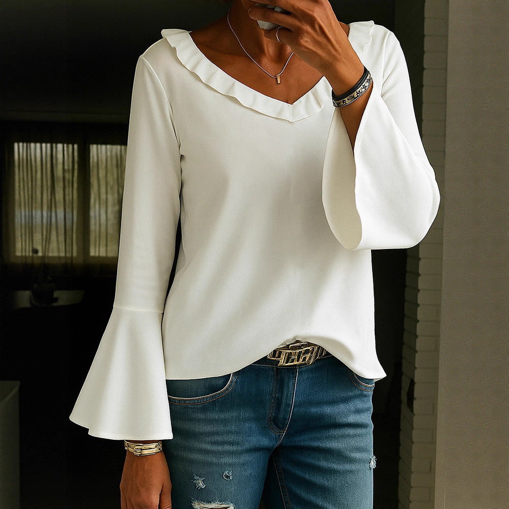 Casual Loose-fitting V-neck Long Sleeves T-shirt