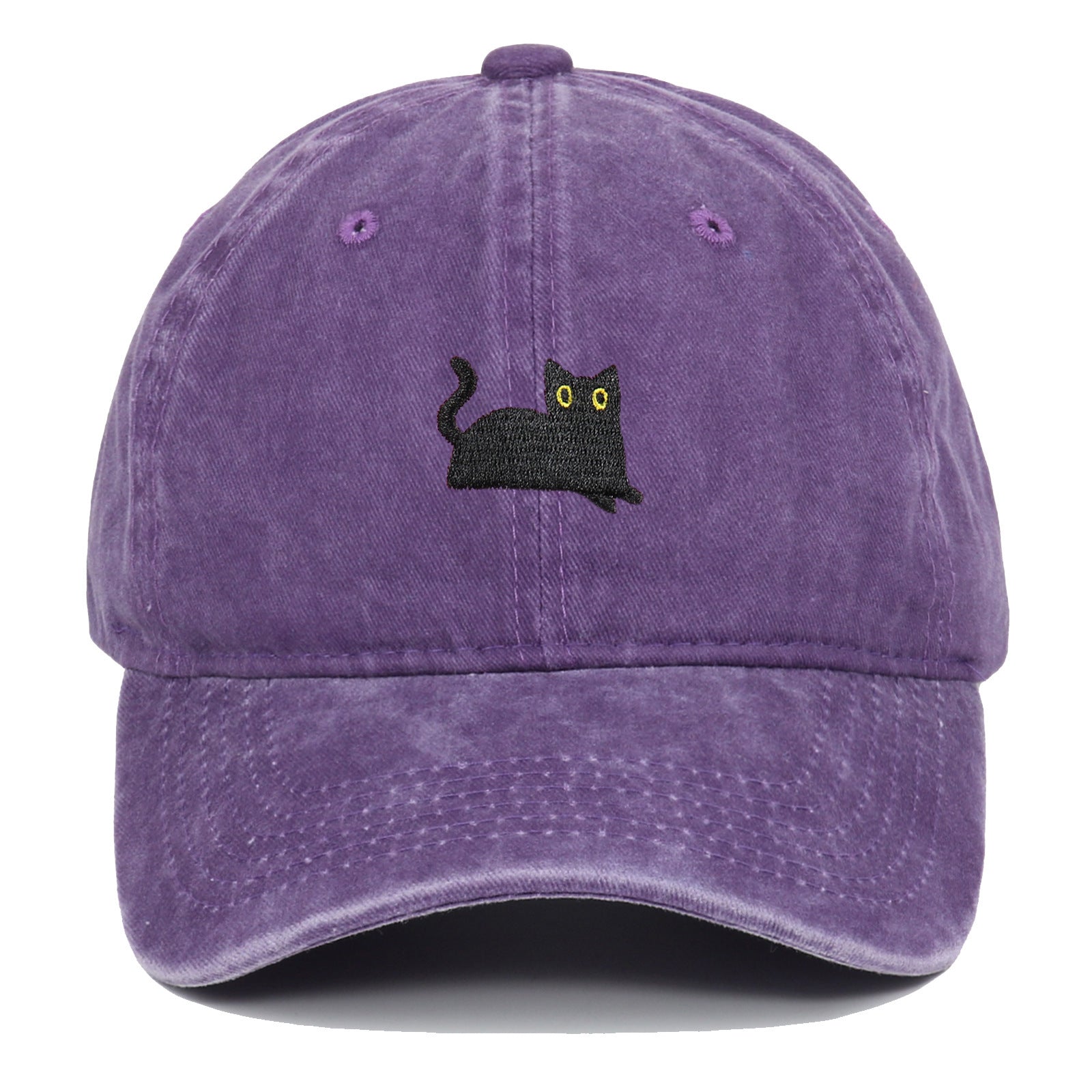 Black Cat Embroidered Washed Baseball Cap Sun Hat