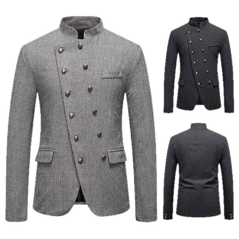 Business Slim-fitting Suit Stand Collar Double Breasted Oblique Placket Costume Men