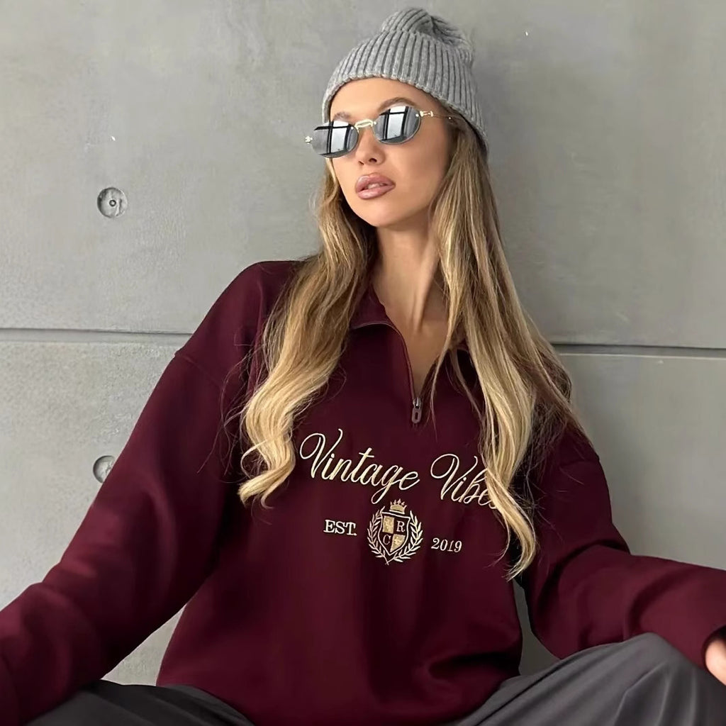 New All-match Letters Printed Half Zipper Coat For Women