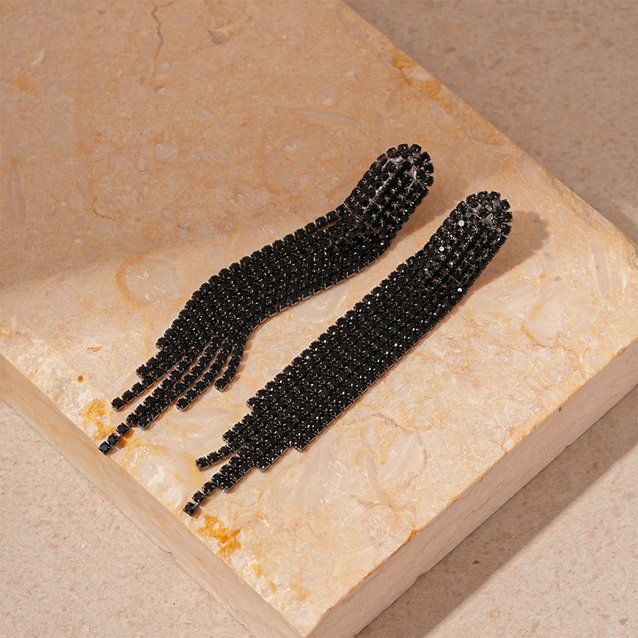 Silver Needle Black Rhimestone Flower Geometric Tassel Stud Earrings