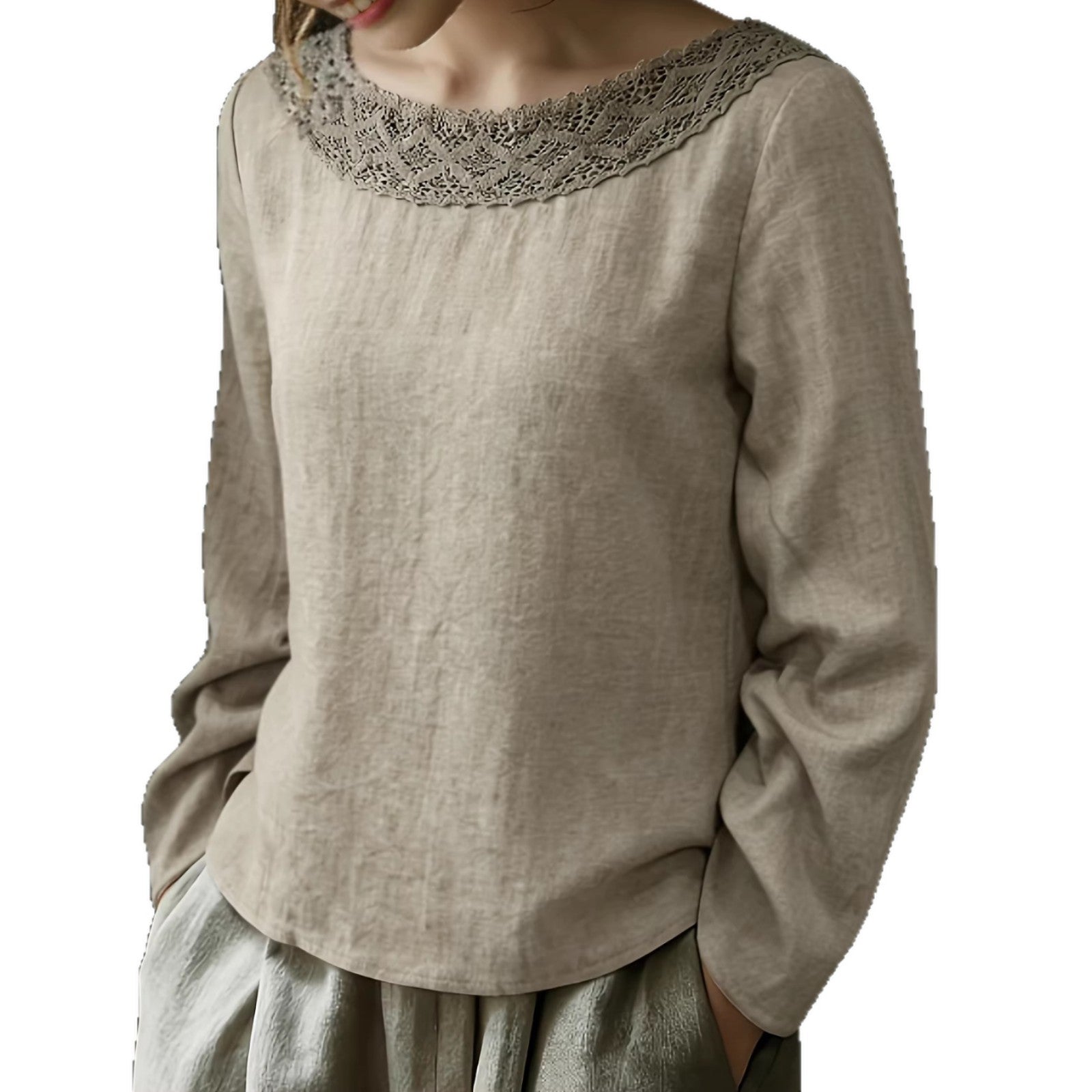 Lace-trimmed Patchwork Artistic Vintage Laid-back Style Loose Boat-neck Long-sleeve Top