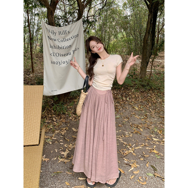 Elastic High Waist Lace-up Draped Casual Pants