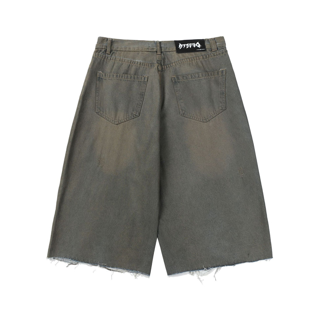 Retro Dirty Dyed Washed Denim Shorts Loose Straight