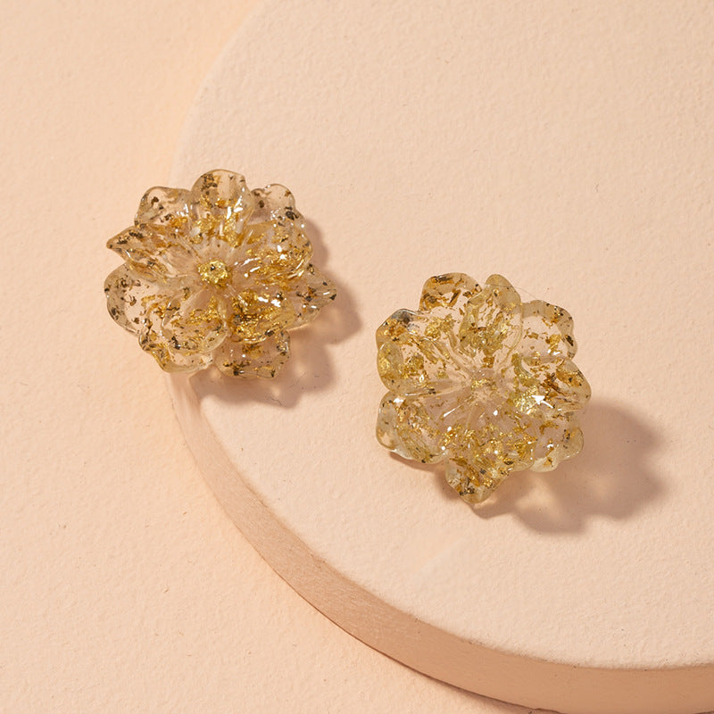 Transparent Resin Gold-foil Roses Stud Earrings