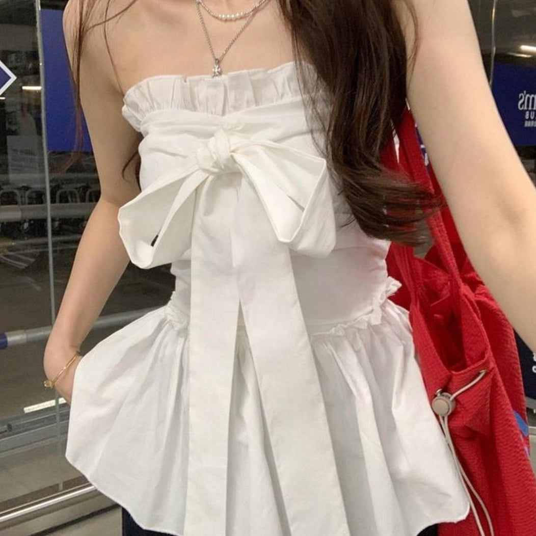 Sweet And Spicy Style Lotus Leaf Hemline Lace-up Bow-Cinched Tube Top