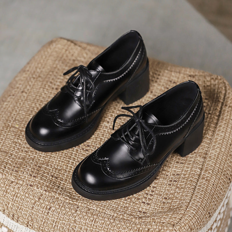 Women's Autumn New Carved Lace-up Round Head British Black Chunky Heel Shoes