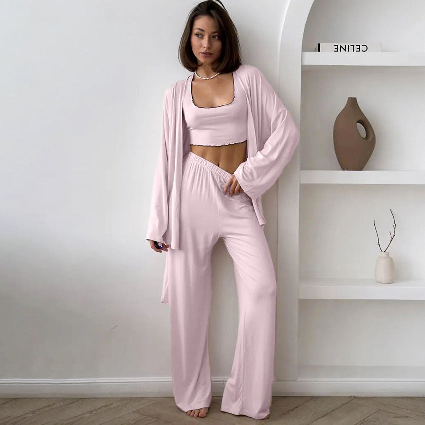 New European And American-style Knitted Milk-silk Ruffled-edge Pajama Set 3 Pieces
