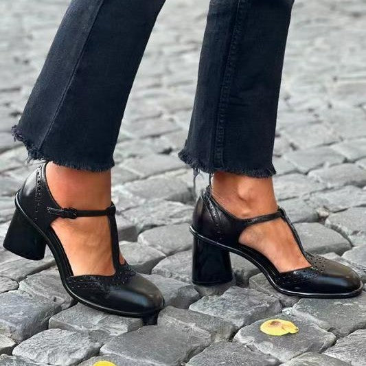 Fashion Burnt Flower T-shaped Buckle With Hollow Elegant Solid Color High Heels