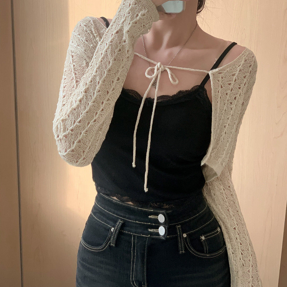 Round Neck Tied Bowknot Hollow Loose Long Sleeve Sun Protection Sweater