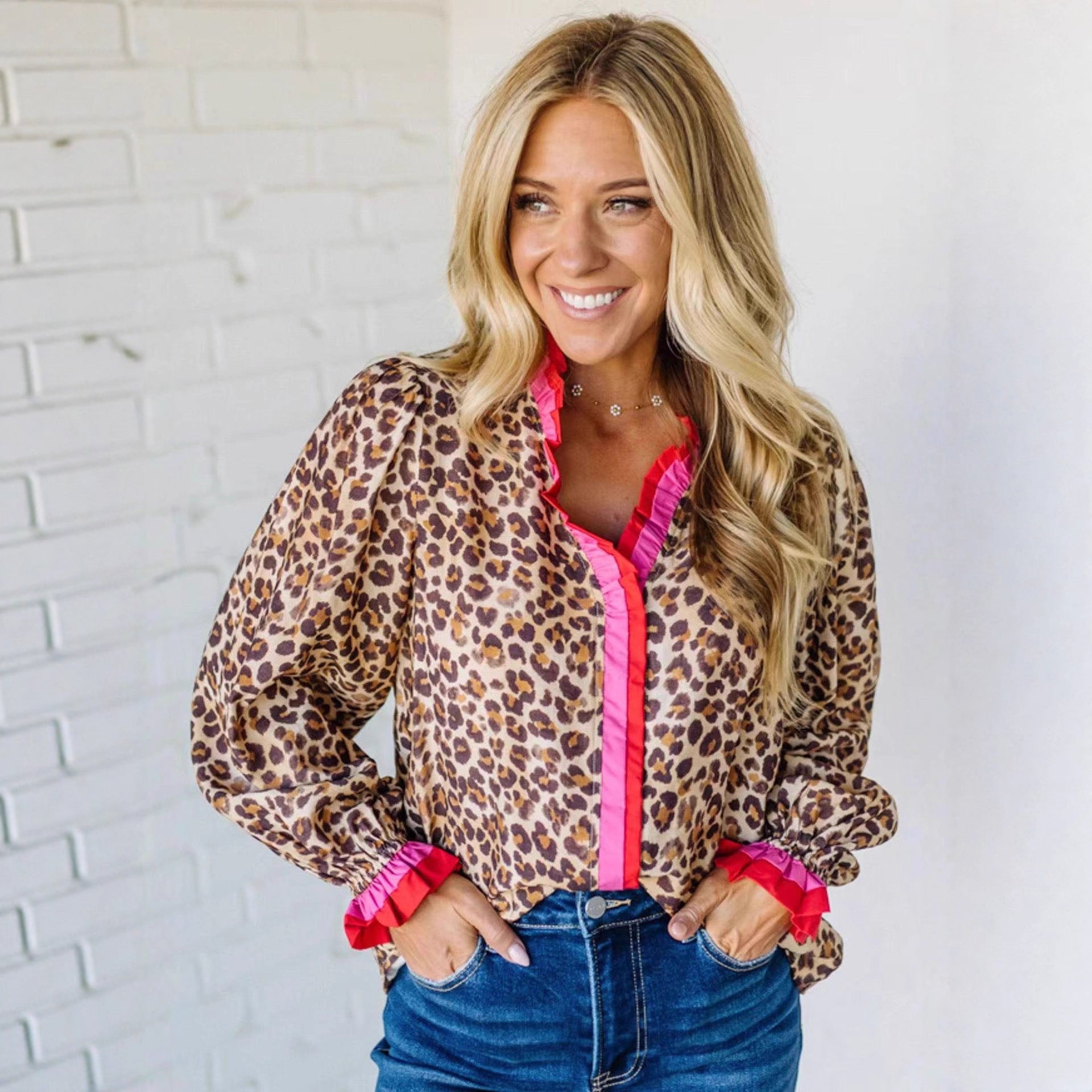 Digital-print Leopard-pattern Lace Long-sleeve Womens Versatile Top