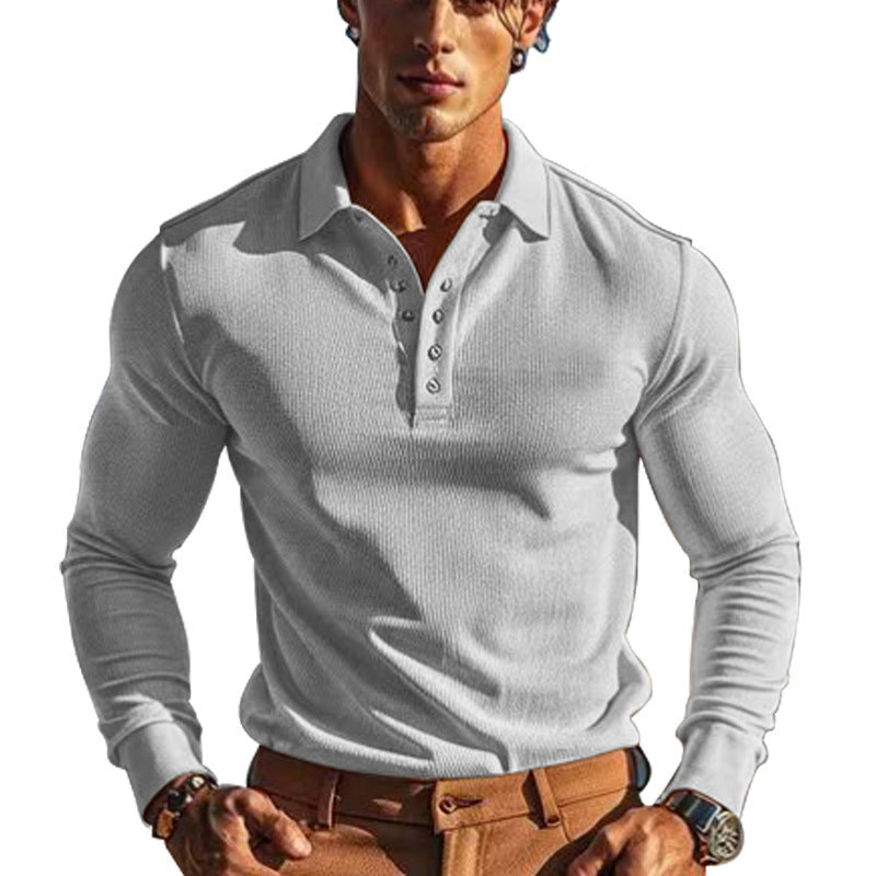 American Men's T-shirt Waffle Casual Polo Collar Button Slim-fit Long Sleeve