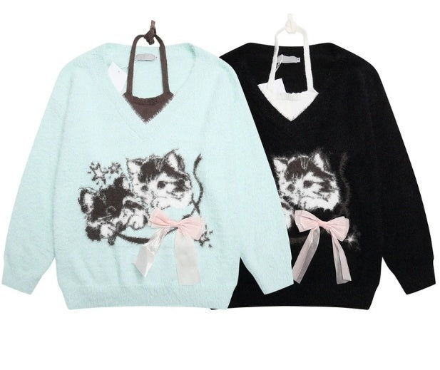 Polyester Women's Cute Cat Hair Fake Two Pieces Collar Sweater