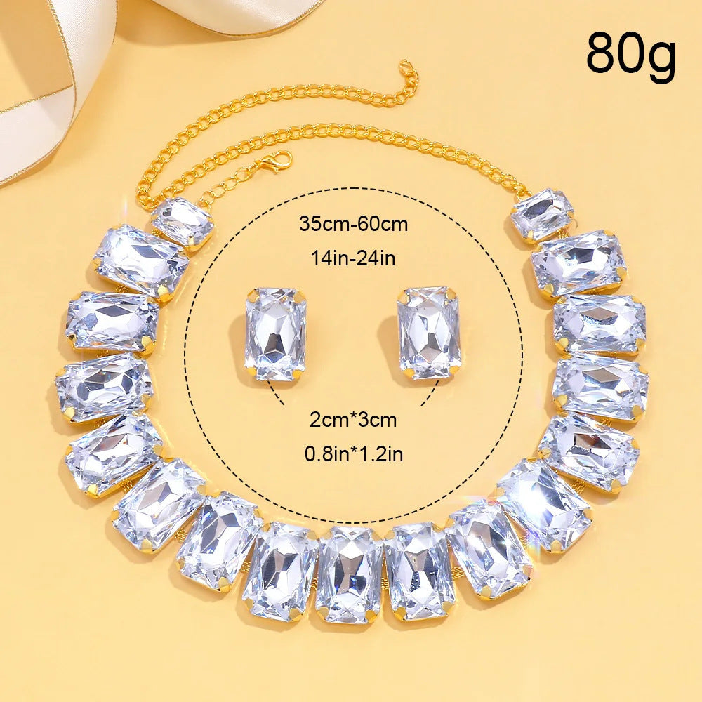 Light Luxury Geometric Crystal Necklace Suit Square Exaggerated Earrings Jewelry Set Decorations