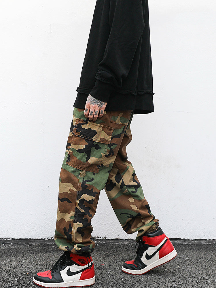 Camouflage Floating Rope Belt Straight Loose Trousers